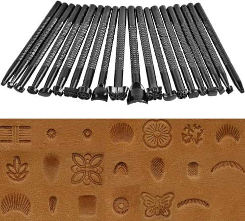 KEWAYO 20 Stück Leder Prägestempel Set, Schwarze Leder Stempel Werkzeuge DIY Leder Punziereisen Set Verschiedene Formen Stempel Set zur kunstvollen Bearbeitung von Leder