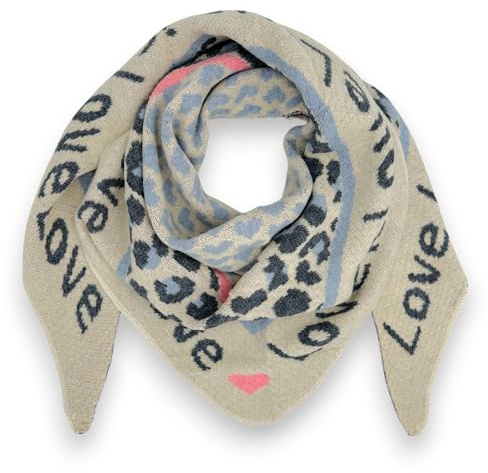 Ziona Damenschal Winter Dreiecksschal weich XXL Winterschal 180 x 70 cm Leo Herz Print (Beige-Blau (Love))