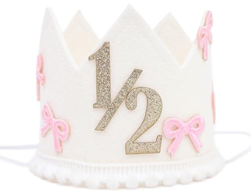 Jissoo Bow 1/2 Birthday Crown - 6 Months Birthday Decorations,Little Princess Crown for Cake Smash,Sweet Hat Photo Props,Pink Bow Half Way to One Decoration