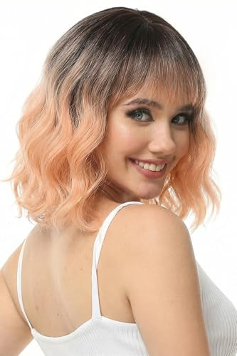 Luxiremi Perücke Ombre Orange Bob Kurze Lockig Perücken für Damen Cosplay | Ombré Spezielle Schulterlang gewellt synthetisches Haar mit Pony. Inkl. 1 Perückenhaarnetz für Frauen, Karneval Halloween