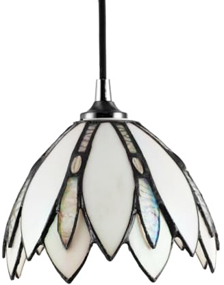 Traditional Floral Petal Themed Opal White Stained Glass Tiffany Pendant Lamp Shade with Clear Beads | 13cm x 17cm | 40w Maximum by Happy Homewares