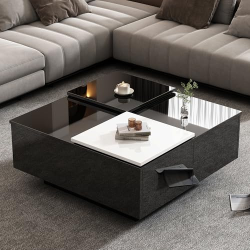 BTM Table Basse Carrée, Unique Plateau Coulissant, Conception de Couleur Cousue, 2 Tiroirs, Table Basse Salon Moderne, 75x75x33cm, Brillant Noir et Blanc
