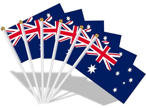 AhfuLife 30 Bandiere Australia Tenute a Mano, 21 x 14 cm, Bandiere a Bastone su Entrambi i Lati con Asta Bianca da 30 cm, per Decorazioni Feste Nazionali, Coppa del Mondo, Giardino, Strada, Feste