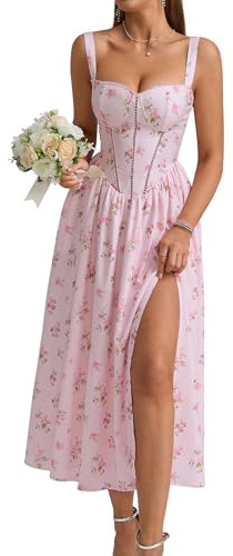 KUTUMAI Floral Corset Midi Dress Flowy Slit Summer Spring Wedding Guest Dresses for Women Sundress with Pockets PF XL