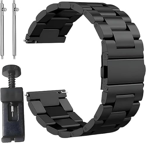 Bracelet Montre 20mm Noir, Bracelet Montre Connectée en Métal Noir avec Maillons en Acier Inoxydable et Longueur Ajustable Bracelets De Montres Pour Homme Compatible avec Montres de Huawei et Montres