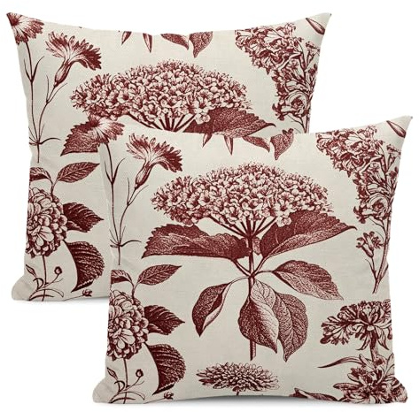 Yxuiyal Lot de 2 housses de coussin décoratives vintage à motif floral et hortensia rouge bordeaux - 45,7 x 45,7 cm