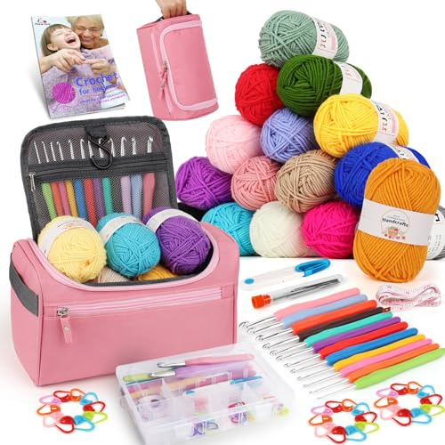Aeelike Crochet Kit, 72Pcs Starter Crochet Kits for Beginners Adults, Pink | Learn to Crochet Kit for Beginners, with Pastel Yarn and Instructions, Crochet Hooks 2mm-8mm, Crochet Starter Kit for Adults