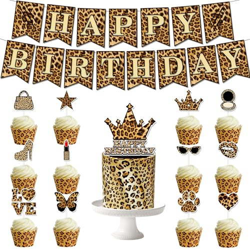Leopard Print HAPPY BIRTHDAY Party Decorations, Classic Animal Print Birthday Banner, Wild Animal Cake topper and Leopard Print Cupcake Toppers