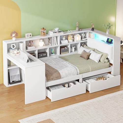 Merax Holzbett Kinderbett 90x200cm, Plattformbett mit Schreibtisch & Bücherregal & Stauschrank, Gepolstertem Kopfteil mit USB und LED, L-Struktur Jugendbett, Bettgestell aus Holz, ohne Matratze, Weiß