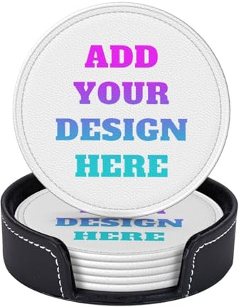Personalised Coasters Set of 6, Add Photo Texts Custom Drink Coasters with Holder Customized Non-Slip Drink Mat Cup Holder for Bar Coffee Restaurant Kitchen Home Office (Leather Style)