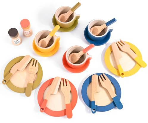 ZWOOS Geschirrset aus Holz Kinder, 26 PCS Teeservice Kinder Mit Teller, Tasse und Gabel Kinderküche Zubehör Bunt