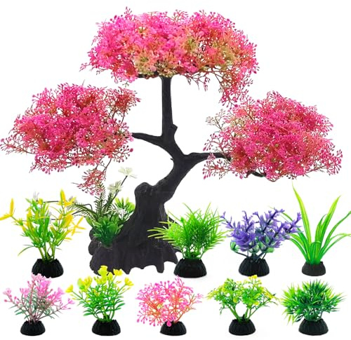SLOCME Set di Decorazioni per Acquario Albero di Ciliegio Rosa – 10 Pezzi Piante Artificiali in Plastica per Acquari, Accessori Nascondiglio per Betta e Pesci Rossi, Decorazioni Realistiche e Sicure
