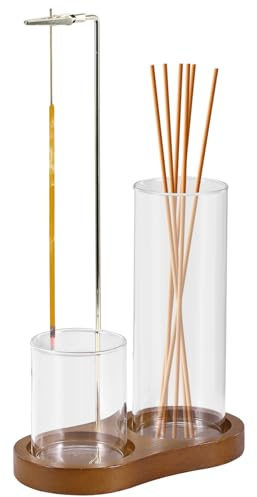 Wooden Incense Holder, Sticks with Removable Glass Ash Catcher, Modern Simple Incense burner,Solid wood base,Stick Burner Holder for Yoga Spa and Meditation (Round) (Double-tube, Figure-8 base)