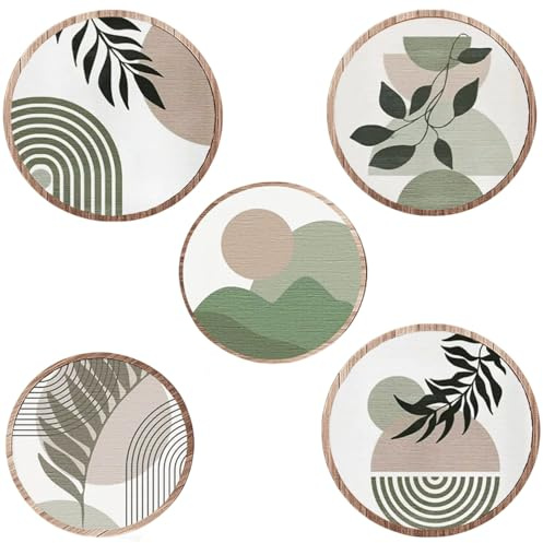 Xtrillogen 5 Stück Boho Wanddeko Wohnzimmer,Pflanzen Wand Deko Wohnzimmer, Runde Boho Deko Wand,Vintage Wanddeko Holz, Grün Moderne Wall Decor für Schlafzimmer,Flur,Badezimmer,Esszimmer