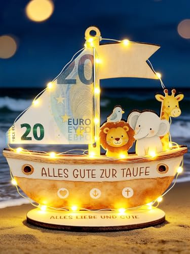 Taufgeschenke für Mädchen Jungen, Geldgeschenk Taufe mit LED Lichterkette | Holz Arche Geschenk Taufe Patenkind, Sinnvolle Geschenke zur Taufe, Also Deko & Tischdeko