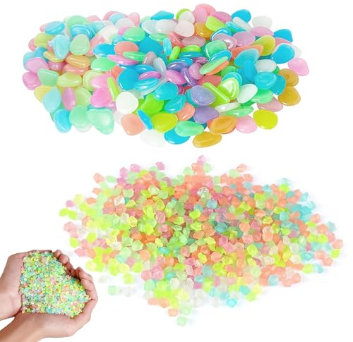 PYSEOSISE Pierres Lumineuses, 300 Pièces Galets Lumineux et 3000 Pièces Sable Lumineux, Cailloux et Sable Fluorescents pour Jardin Aquarium Remplissage de Vase Décoration