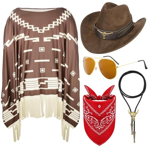 Saier tbo 5 Stück Western Cowboy Kostüm Set, Cowboy Outfit Accessoire Kit mit Umhang Cowboyhut Sonnenbrille Paisley Bandanas Halskette für Herren Damen Halloween Karneval Partys