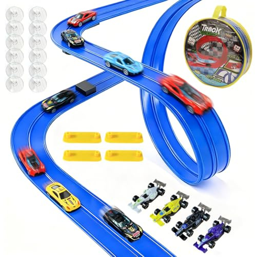 Ruioomeep Bärbar racerbana för barn 5 meter flexibel dubbel racerbana med 4 lättmetallbilar, ramper och förvaringsväska bilbana leksak lämplig för barn från 3 år