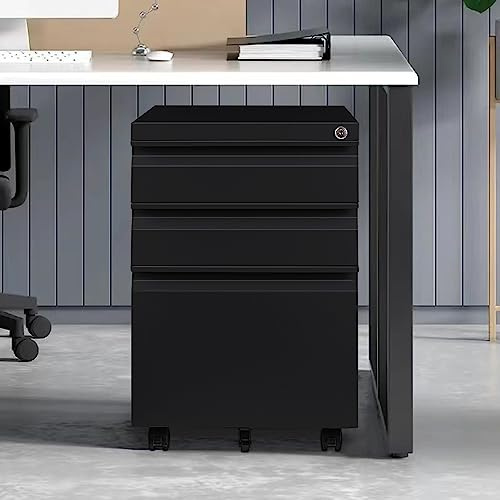 Panana Lockable 2/3-Drawer Mobile File Cabinet on Wheels, Steel Under Desk Rolling Storage Cabinet with Casters, Fully Assembled Home Office Furniture (Black, 3 Drawer)