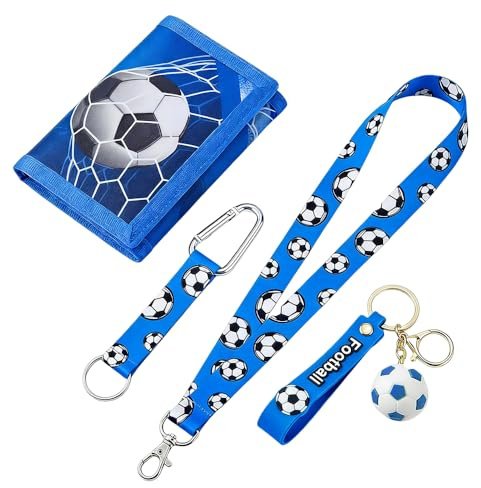 Vervora 4Pcs Football Wallet Set for Boys - Canvas Trifold Money Purse, Neck Lanyard, Wrist Strap & 3D Keyring - Kids School Bus Pass Holder & Birthday Gift (Blue)