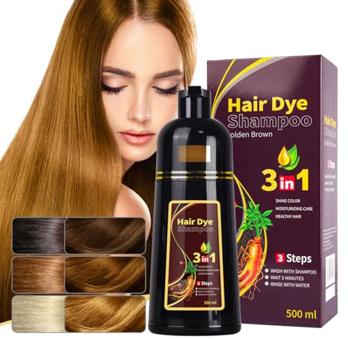 Champú Tinte 3 en 1, Cobertura Instantánea de Canas, Fórmula sin Amoníaco, Color Natural Duradero, 9 Colores de Moda, Tinte Capilar Suave para Hombres y Mujeres, 500 ml (Golden Brown)