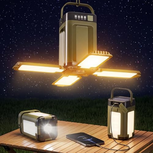 LIAISIMI LED Campinglampe, Solar & USB-C Wiederaufladbar Faltbare Camping Licht, 6 Lichtmodi, 2000 mAh, IPX4 Wasserdicht, Multifunktionale Tragbare Zeltlampe für Angeln, Wandern, Notfälle