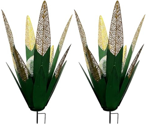 Bemonew Plantes en métal agaves en métal décoration extérieure Lot de 2 Lampes solaires de Jardin avec découpe Unique éclairage LED pour terrasse pelouse et Jardin Vert