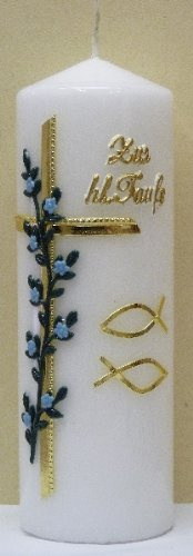 netsells handverzierte Taufkerze ''Zur HL. Taufe'' * Kreuz mit hellblauen Blumen * farbige Wachsauflagen * 6 x 18 cm
