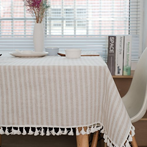 Meioro Manteles Rectangular Mantel Antimanchas Mantel para Mesa de Lino Striped Tassel Tablecloth La decoración del hogar es Adecuada (Albaricoque/Rayas Blancas, 140×220cm)