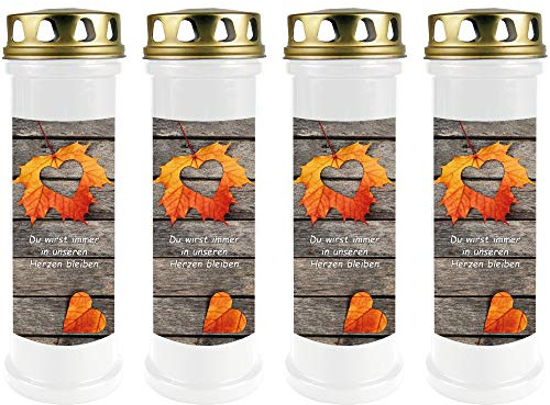 HS Candle Grabkerze - 4er Pack - (Weiß) Grablicht ca. 4 Tage Brenndauer je Kerze - Motiv: Laub Herz
