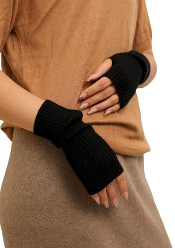 Prettystern Gerippte Damen 100% Kaschmir-Wolle Fingerlose Pulswärmer Hand-Stulpen Cashmere Halb-Handschuhe Schwarz
