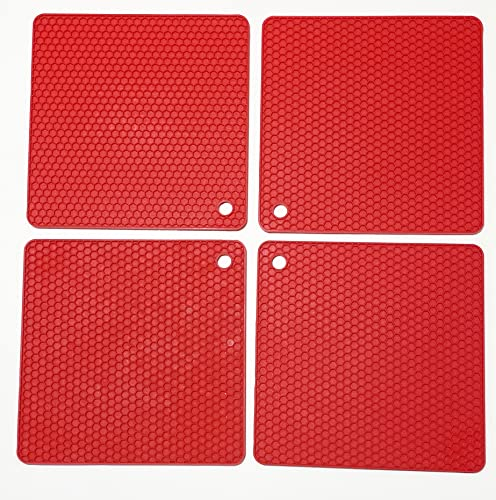 Silicone Trivets, 4 pieces, Flexible Square Latex mats. Heat Resistant Durable Kitchen top Protective Hot Pot Coaster/Stand. Jar Opener/Pan Holder and Saucepan Grip.Non-Slip, Microwave Safe. Red