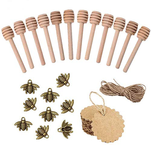 Super Idee 25stk. Vintage Bronze Biene mit Ösen+25stk. Holz Honiglöffel+25stk. Kraftpapier Etiketten+10m Bastelschnur für Honiggläser Gläser Deko DIY als Gastgeschenk bei Hochzeit Taufe Dankeschön