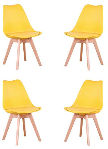 GrandCA HOME Pack de 4 Sillas Comedor Sillas de Cocina Nórdicas con Asiento Blando y Patas de Madera Maciza de Haya(Amarillo)