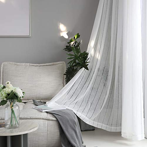 Home Brilliant Striped Sheer Curtains 96 Inches Long for Living Room Semitransparent Boho Curtain White Drapes for Bedroom, 2 Panels, 54 x 96 Length