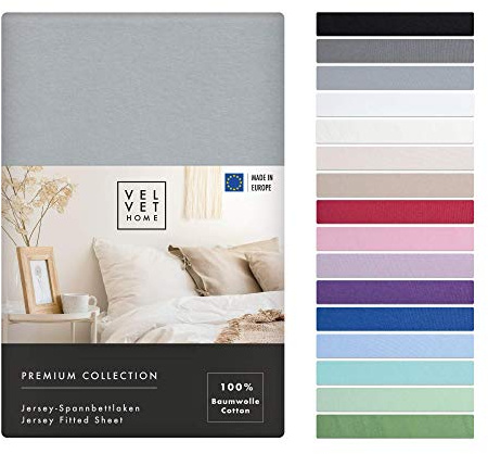 VelvetHome Spannbettlaken 180x200cm 100% gekämmte Baumwolle Made in EU Jersey Bettlaken 180x200 bis 25 cm Matratzenhöhe Spannbetttuch 180x200 Premium Qualität Schönen Farben Hell-grau 180 x 200