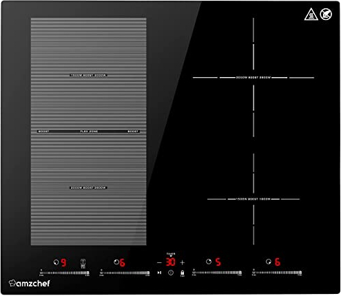 Plaque à induction AMZCHEF 60cm Plaque Induction Electrique avec 4 zones boost, zones flexibles pour barbecue, 9 niveaux, préchauffage et fonction STOP+GO, 7400W, verrouillage de sécurité et minuterie
