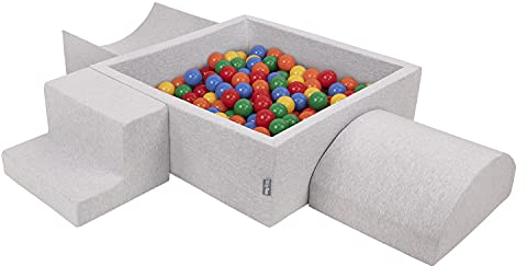 KiddyMoon Spielplatz Aus Schaumstoff Mit Quadrat Bällebad (300 Bälle) Ballgruben Für Babys Spielbad Hindernisläufen, Hergestellt In Der EU, Hellgrau:Gelb/Grün/Blau/Rot/Orange