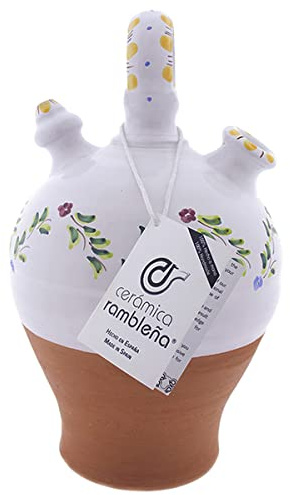 CERÁMICA RAMBLEÑA | Botijo de Barro Rojo | Botijo Decorado asa Redonda Base Vuelta Cenefa Verde-Amarillo - Modelo D07 de La Rambla (Córdoba) | 100% Hecho a Mano | 3.5 litros | Eco