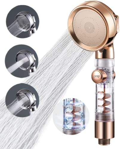 Soffioni doccia ad alta pressione, 3 modalità soffione per doccia con turbina integrata per pulire vasca, piastrelle e animali domestici, doccia a risparmio idrico con interruttore ON/OFF (oro)