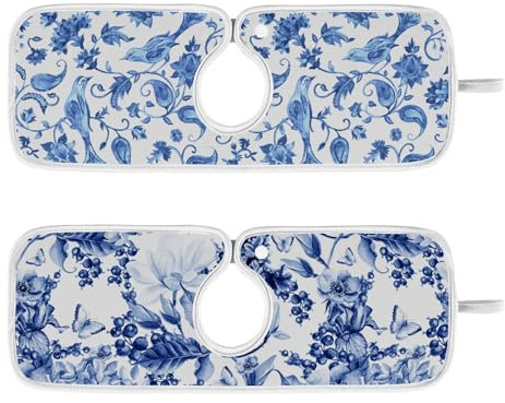 Tatenale Sink Mat for Faucet Sink Splash Guard Faucet Handle Drip Catcher for Kitchen Bathroom Absorbent Microfiber Dish Drying Mat Blue and White 2pcs