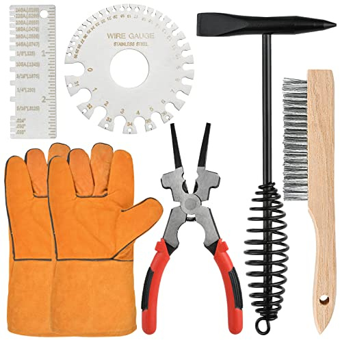 Worldity 6Pcs Welding Accessories, Chipping Hammer 10.55 In, Pliers 8.07 In, Wire Brush 9.84 In, Metal Sheet Gauges and Welding Gloves, Essential Welder Cleaning Set for Slag Removal & Maintenance