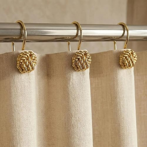 Duschvorhangringe Gold Ringe Duschvorhang Haken: Schwerlast Metall Duschringe für Duschvorhangstange – Dekorative Seilknoten Duschringe Vorhanghaken Aufhänger für Badezimmer - 12 Stück