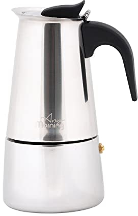 Any Morning Edelstahl Moka Pot, 200 ml, Induktionsgeeignet, Sicherheitsventil, 4-Tassen Espressokocher, Robust und Stilvoll