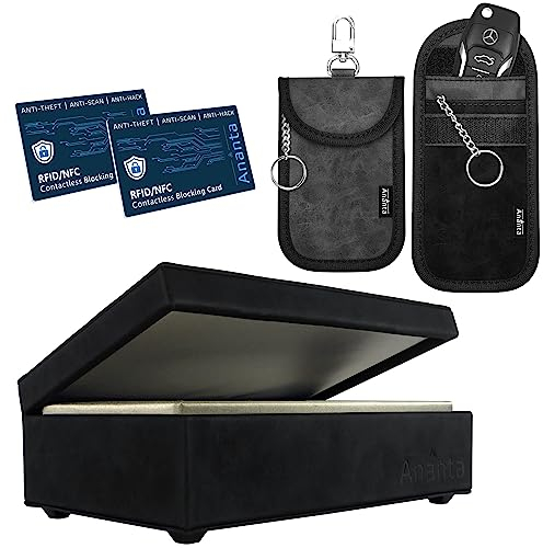 Ananta Faraday Box for Car Keys – Luxury RFID Signal Blocking Key Box, Magnetic Close, Twin Faraday Pouches & RFID Cards (Black)