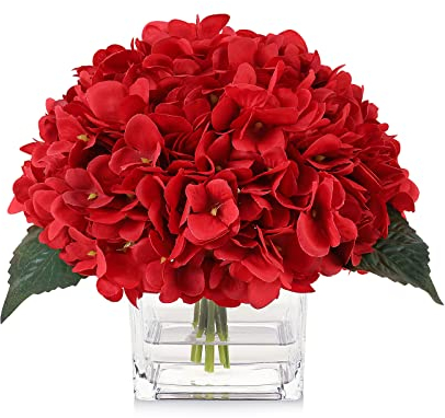 rubystory Künstliche Hortensien aus Seide in Vase mit künstlichem Wasser, künstliche Blumenarrangements in Vase für Heimdekoration, Hochzeitstisch (rot)