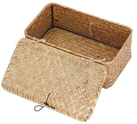 Akozon Cestini Portaoggetti Rettangolari Intrecciati con Cesto Portaoggetti in Alghe Naturali con Coperchi Organizzatori da Scrivania (L)