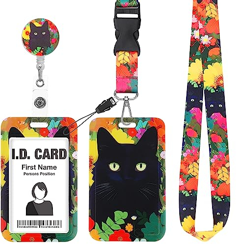 Giantree ID-kortfodral kortfodral med nyckelband, infällbar svart katt blommig märkeshållare med hjul avtagbar etikett snodd hals crossbody snodd passform för nyckel kontor skola