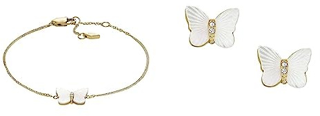 Fossil Armband für Frauen,Weißes Perlmutt,Länge:169mm+32mm,Breite: 13.2mm, Höhe:10mm, JF04425710+Ohrringe für Frauen Radiant Wings Weiß Perlmutt Ohrstecker Schmetterling,:7mm,Breite: 9.7mm,