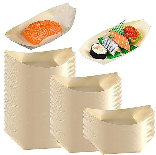 Uprony Einweg-Holz-Servierboote, Holzteller, Geschirr, 12,7 cm, 300 Stück, Einweg-Holzteller, Lebensmittel-Serviertablett für Mini-Sushi-Boot, Holzschale, Party